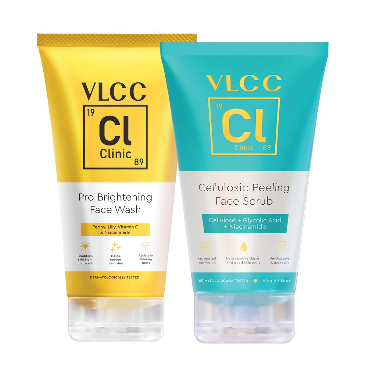 VLCC Clinic Clean & Bright Skin Combo for Dullness and Dark Spots - Pro Brightening Facewash - 150ml with Niacinamide & Vitamin C + Cellulosic Peeling Face Scrub - 100g with Glycolic Acid & Cellulose