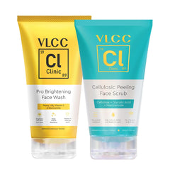 VLCC Clinic Clean & Bright Skin Combo for Dullness and Dark Spots - Pro Brightening Facewash - 150ml with Niacinamide & Vitamin C + Cellulosic Peeling Face Scrub - 100g with Glycolic Acid & Cellulose