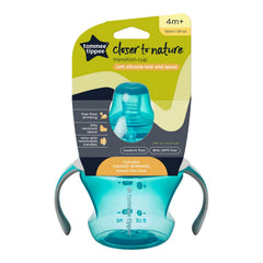 Tommee Tippee Transition Cup, Breast-Like Teat and Soft Silicone Spout, Removable Easy-Grip Handles, Leakproof Lid, 150ml, 4-7m+, Blue, 44708031, Bottle to Cup Transition, 1.0 Count, 1