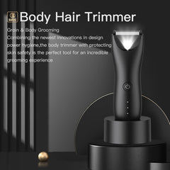 Electric Body Hair Trimmer for Men Groin Trimmer Beard Hair Clippers Mens Grooming Kit, Cordless Ceramic Blade Heads IPX6 Waterproof for Wet/Dry Use Low Sound Body Trimmer (Light-Recharge Dock)