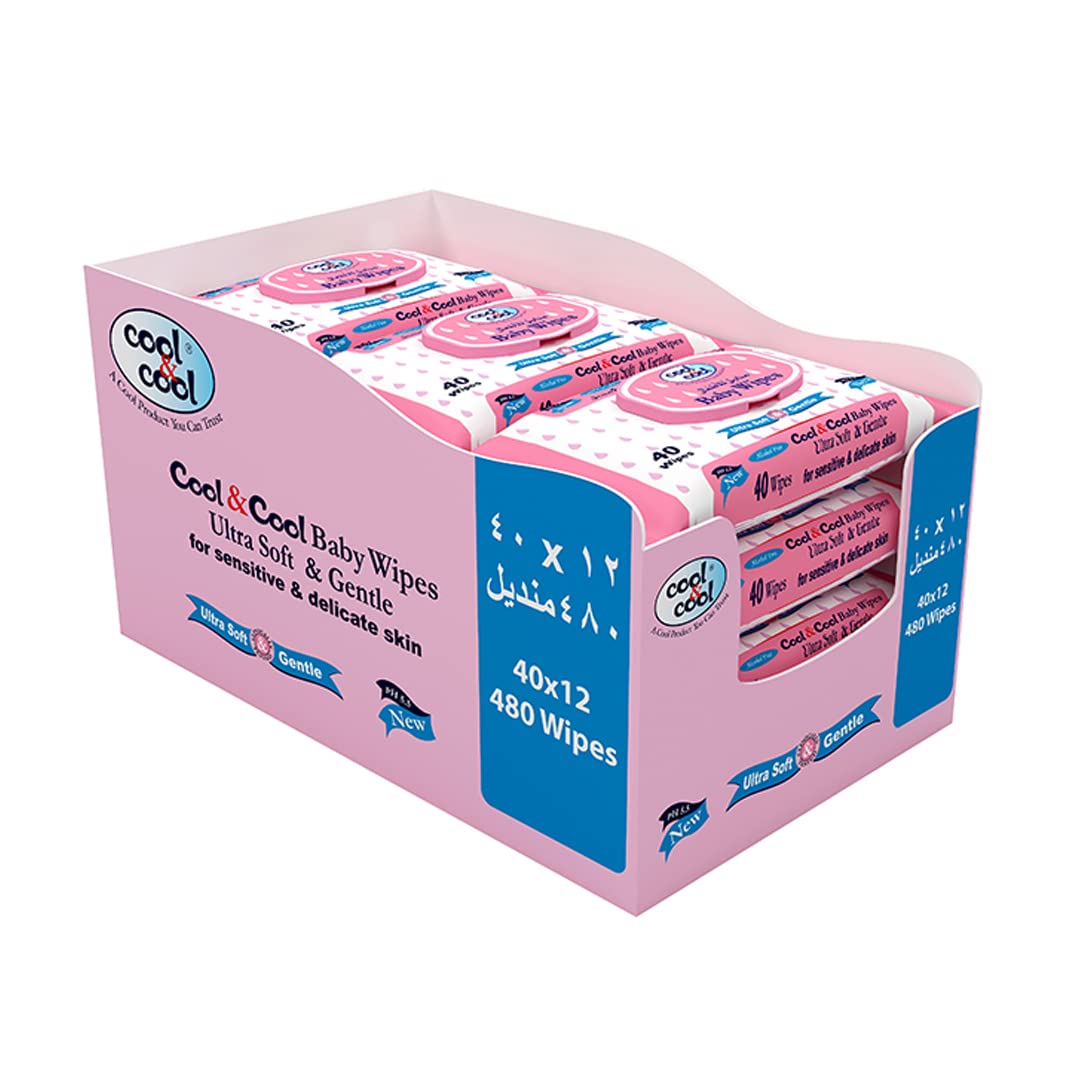 Cool & Cool Baby Wipes 40’s (Pack of 12) - Alcohol Free,Paraben Free,Vitamin E,Aloe Vera,Ultra Soft & Gentle for Sensitive & Delicate Skin - 480 Wipes