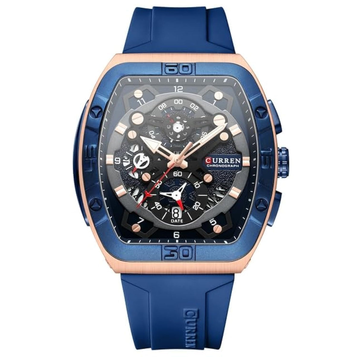 CURREN 8443 Men's Waterproof Quartz Calendar Tape Multifunctional Watch Men's Watch Silicone Band With Orrignal Cureen Box - BLUE