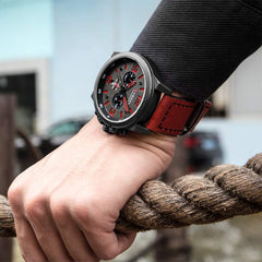 CURREN Black Chronograph Fashion Trend Multi-Function Waterproof Quartz Watch red Leather Strap Military Watch (Black red)