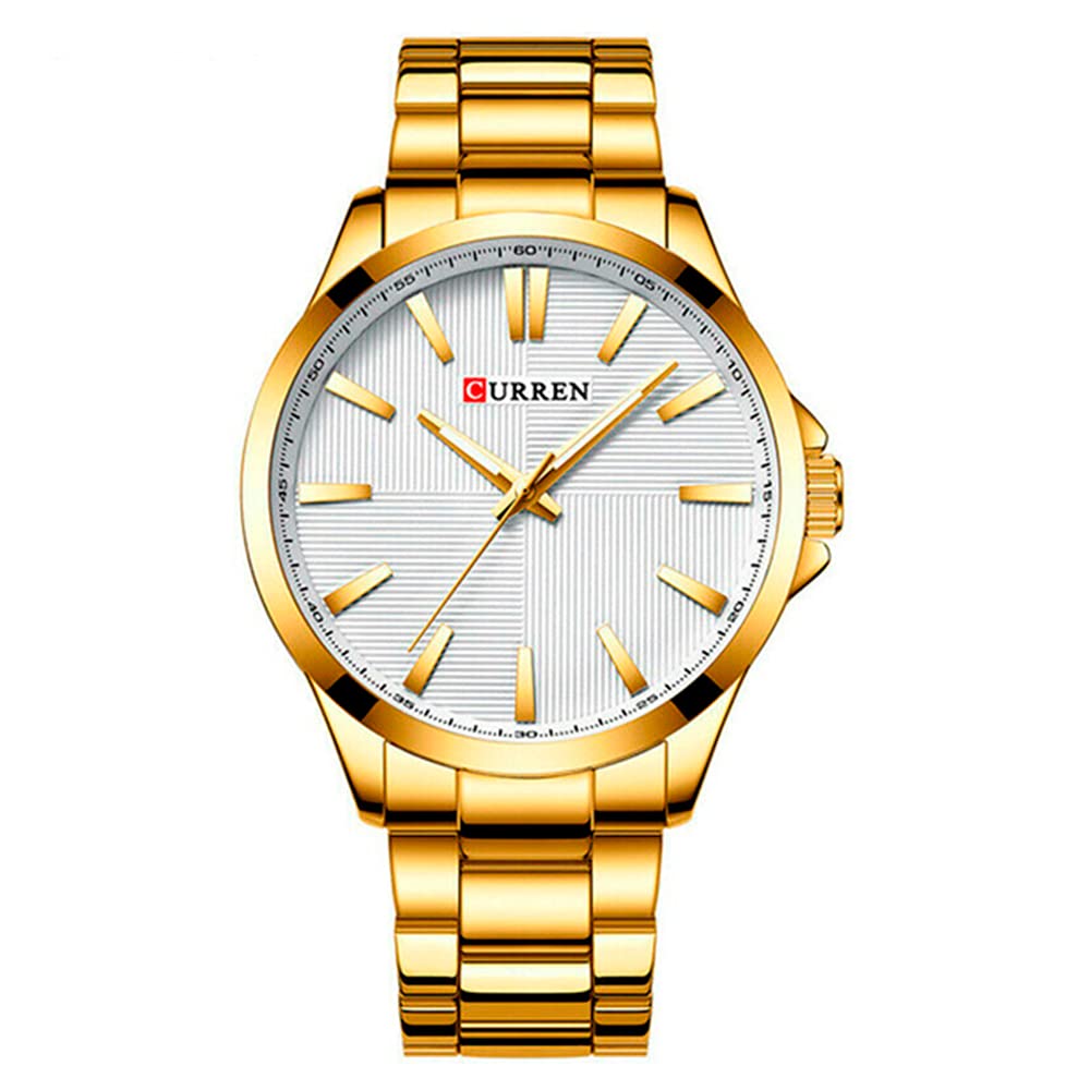 CURREN Men's Watch, Analog, Elegant, Formal, Executive, Quartz, Stainless Steel, Adjustable, Calendar, Stopwatch, Safety Clasp, Golden, M
