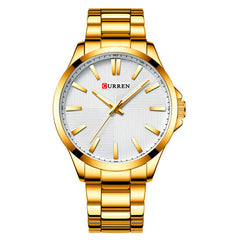CURREN Men's Watch, Analog, Elegant, Formal, Executive, Quartz, Stainless Steel, Adjustable, Calendar, Stopwatch, Safety Clasp, Golden, M