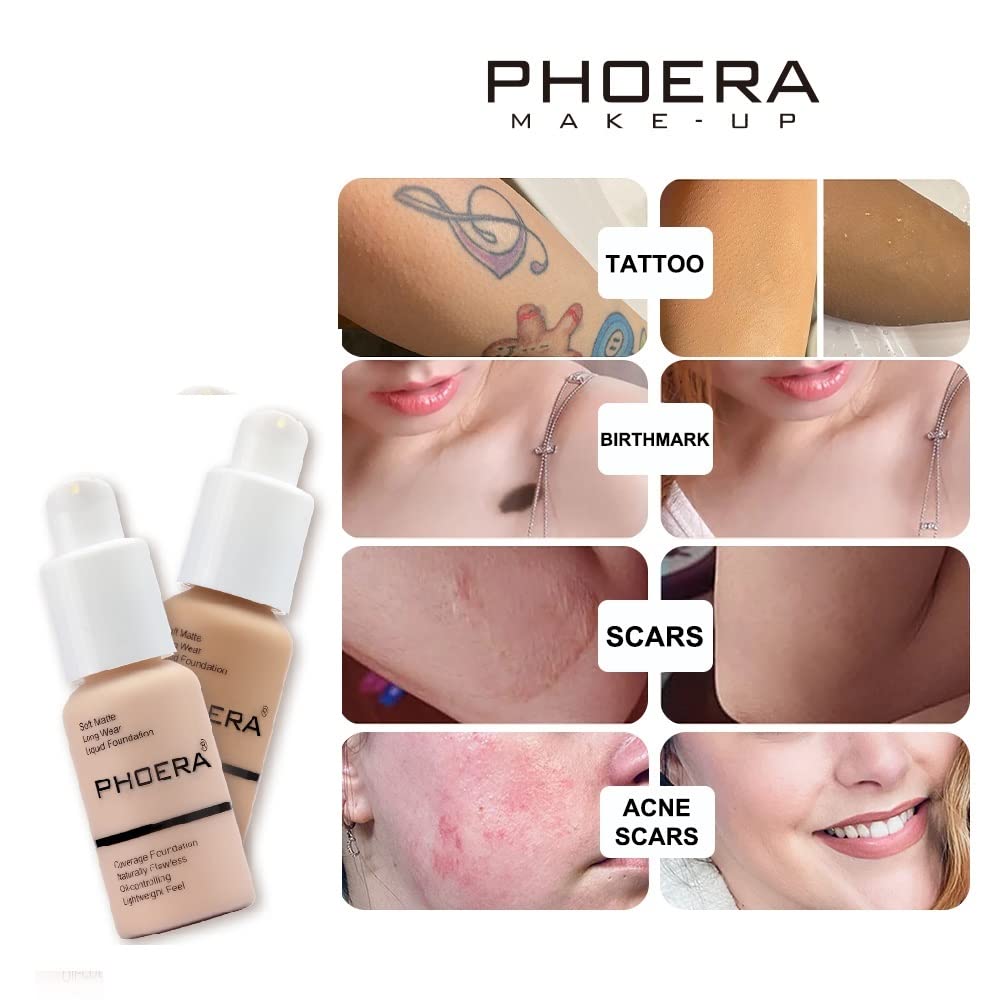 Phoera® Full Coverage Foundation, Primer, Setting Powder and MISKEEN Makeup Brush Soft Matte Oil Control Concealer 30ml Long Lasting Flawless Cream Smooth Aquapurity (105 SAND SET)