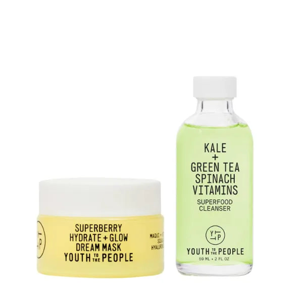 Youth To The People Rinse + Rest Travel Duo, Skincare Bundle Set for Dry Skin, Superberry Hydrate + Glow Dream Overnight Face Mask (0.5oz) + Superfood Kale + Green Tea Facial Cleanser (2oz)