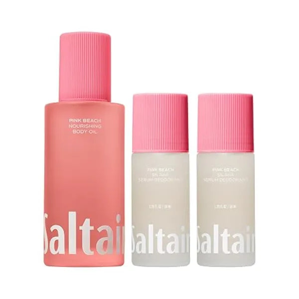 Saltair Body Oil and 2 Pack Serum Deodorant Set Hydrating After Shower Moisturizer and AHA Roll On for Odor Control Pink Beach Scent