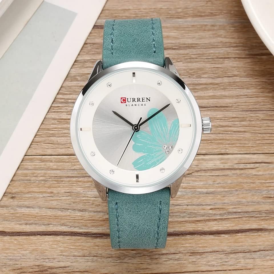 CURREN 9048 Top Brand Women Watch Quartz Watch Flower Pattern Dial Leather Strap Fashion Ladies Wristwatch - GREEN