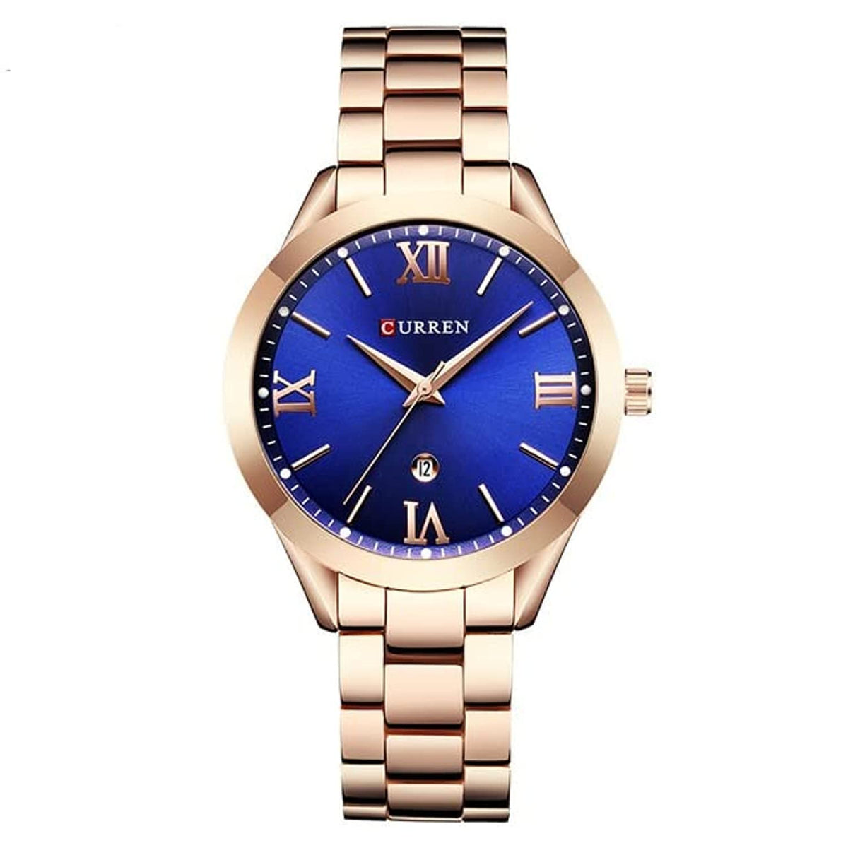 CURREN Ladies Analog Watch Rose Gold Stainless Steel Case Blue Dial Rose Gold Stainless Steel Bracelet