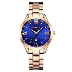 CURREN Ladies Analog Watch Rose Gold Stainless Steel Case Blue Dial Rose Gold Stainless Steel Bracelet