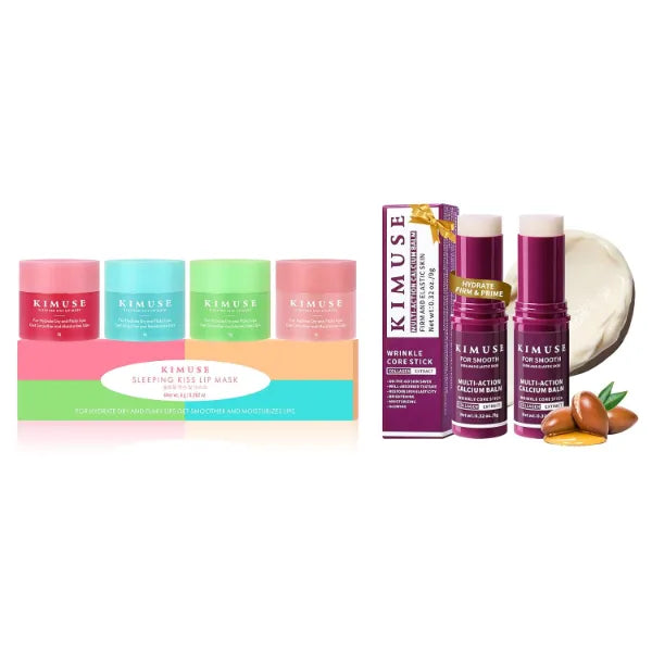 KIMUSE 4PCS Lip Mask Set & 2 Pack Multi-Action Calcium Balm Stick