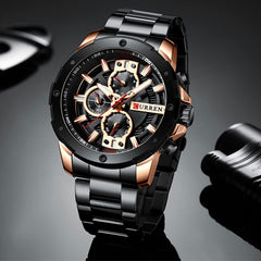 CURREN Anself 8336 Men Quartz Watch Stainless Steel Band Fashion Multifunction Wristwatch 3ATM Chronograph Calendar Date Watches - Black