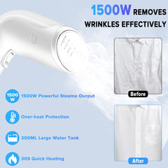 Necomi Handheld Garment Steamer, 1500W Steam Iron with 300ML Large Water Tank, Wrinkle Remover with iron steamer, 30S Fast Heating, Auto-off, Portable Steamer Clothes for Travel, Home, Office