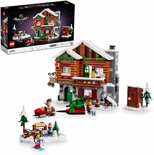 LEGO Icons Alpine Lodge, Model House Kit, Festive Family Activity Featuring a Buildable Winter Cabin with 5 Minifigures and 2 Animal Figures, Home Decoration, Gift Idea for Adults, Women, Men 10325