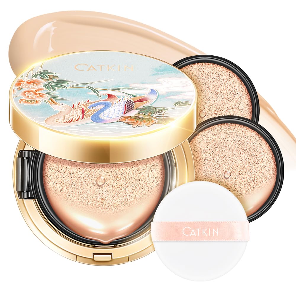 CATKIN PEACH BLOSSOM Skincare BB Cream Air Cushion Foundation, Matte Oil-control Concealer for All Skin Types, Refillable Foundation Makeup 13g*3 (C02)