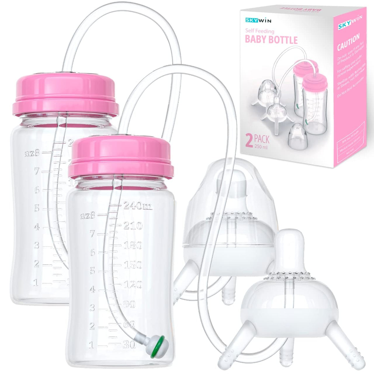 Skywin Self Feeding Baby Bottle 8oz Bottle Holder for Baby - 2 Pack Baby Bottle with Straw, Anti Colic, for Convenient Feeding (Pink)