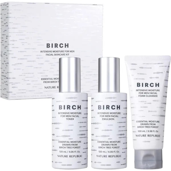 Nature Republic Birch Intensive for Men Skin Care Kit, Face Wash & Moisturizer for Hydrated Skin, Facial Toner (4.05 Fl.Oz) Emulsion (4.05 Fl.Oz) Cleaner (3.38 Fl.Oz)
