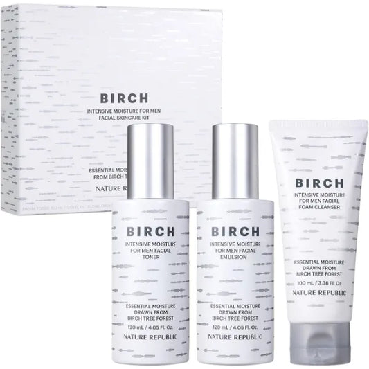 Nature Republic Birch Intensive for Men Skin Care Kit, Face Wash & Moisturizer for Hydrated Skin, Facial Toner (4.05 Fl.Oz) Emulsion (4.05 Fl.Oz) Cleaner (3.38 Fl.Oz)