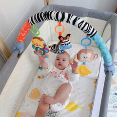 AMERTEER Baby Stroller Toy Bar| Sensory Hanging Toys for Baby Bouncer & Stroller Arch| 3PCS Soft Cloth Animal Arch with Rattle, Music Box & Bibi| Infant Travel Play for Motor Development (L70cm,H24cm)