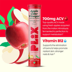 PLIX - THE PLANT FIX Apple Cider Vinegar 15 Effervescent Tablet, ACV with mother for weight loss and easy digestion, vitamin B6 & B12, Pack of 4 (Apple), 100% vegan, Easy to carry & consume