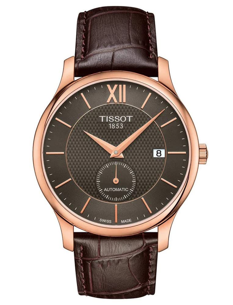 Tissot Mens Tissot Tradition Automatic Small Second 316L Stainless Steel case with Rose Gold PVD Coating Automatic Watch, Brown, Leather, 20 (T0634283606800), Brown