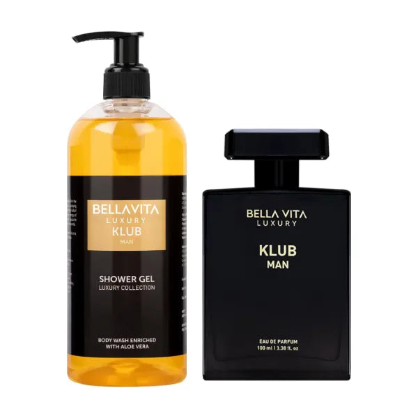 BellaVita Luxury KLUB Man Perfume & Body Wash Combo | Eau De Parfum with Lemon, Birch & Musk (100ml) + Bold Fresh Shower Gel with Aloe Vera (500ml) | Long-Lasting, Revitalizing & Hydrating