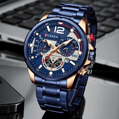 CURREN 8395 Men's Wrist Watch Chronograph Waterproof Sports Brand Luxury Military Style (BLUE)