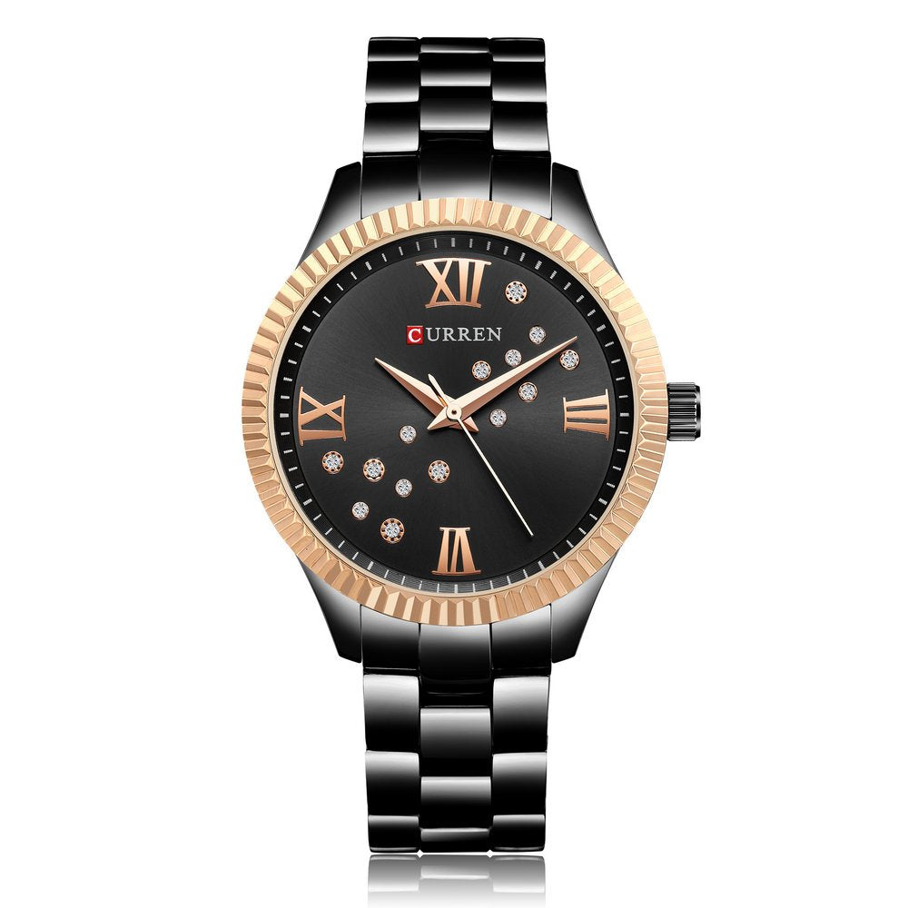 CURREN 9009 Women Watches Diamonds Dial Stone Quartz Movement Simple Casual For Female Wrist Watch (black)