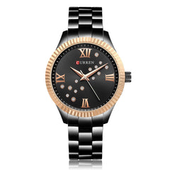 CURREN 9009 Women Watches Diamonds Dial Stone Quartz Movement Simple Casual For Female Wrist Watch (black)