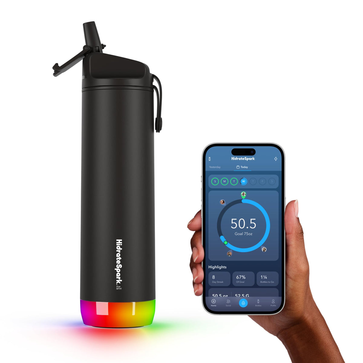 Hidrate Spark STEEL Smart Water Bottle - Tracks Water Intake & Glows to Remind You to Stay Hydrated, Straw, 21 oz, Black