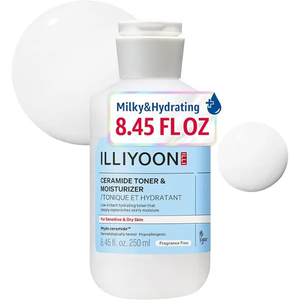 Illiyoon Ceramide ATO Moisturizing Milky Toner Lightweight Milky Essence, 2 in 1 Hydrating Facial Toner for Dry & Sensitive Skin, Barrier Repair, Fragrance Free, Korean Skincare, 8.45 fl.oz.