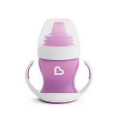 Munchkin Gentle Transition Trainer Cup, Spout transition from bottle to spill proof cup, leak proof and anti-slip handle for Baby/infant, boys and girls, 4oz Capacity, 4 months and above, Purple