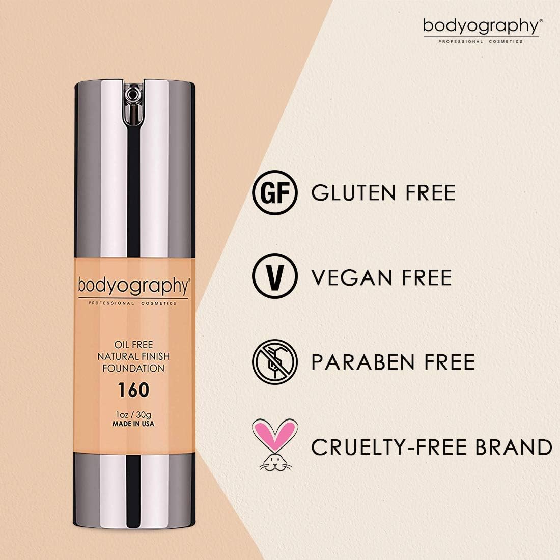 Bodyography Natural Finish Foundation Makeup (Medium #160) Oil-Free Anti-Aging Salon Natural Finish with Vitamin E, C, Antioxidants| Photo Control Technology | Vegan, Gluten-Free, Paraben-Free, 1 oz