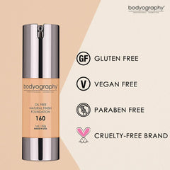 Bodyography Natural Finish Foundation Makeup (Medium #160) Oil-Free Anti-Aging Salon Natural Finish with Vitamin E, C, Antioxidants| Photo Control Technology | Vegan, Gluten-Free, Paraben-Free, 1 oz