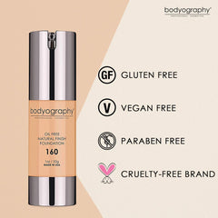 Bodyography Natural Finish Foundation Makeup (Medium #160) Oil-Free Anti-Aging Salon Natural Finish with Vitamin E, C, Antioxidants| Photo Control Technology | Vegan, Gluten-Free, Paraben-Free, 1 oz