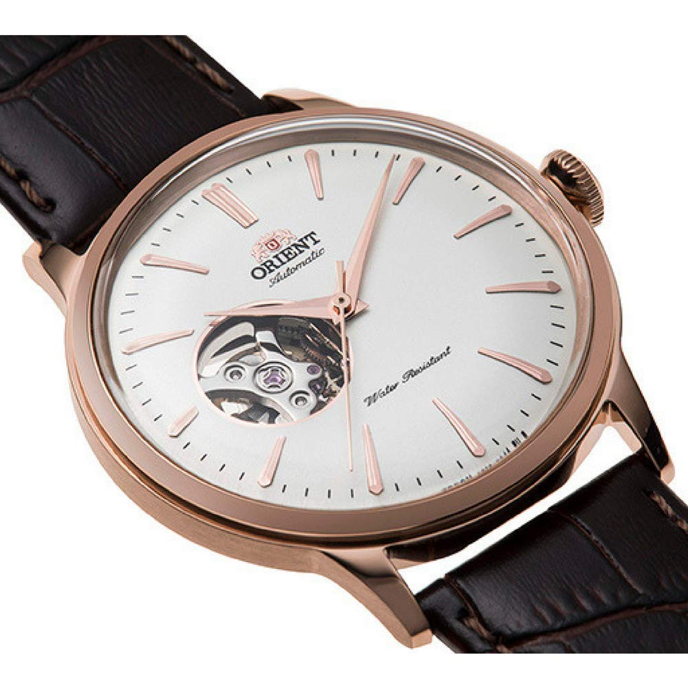 Orient 'Bambino Open Heart' Japanese Automatic Stainless Steel and Leather Dress Watch