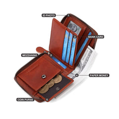 CHANPINCL Mens Genuine Leather Zipper Wallet RFID Secure Large Capacity Double Fold Multi-card Leather Wallets for Men and coin purse (Yellowish brown)