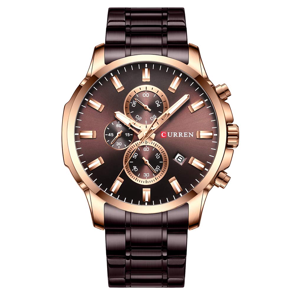 CURREN New Watch Men Fashion Sport Watch Stainless Steel Band Quartz Wristwatch Military Chronograph Clock Male Waterproof 8348, rose gold brown, Chronograph,Quartz Movement