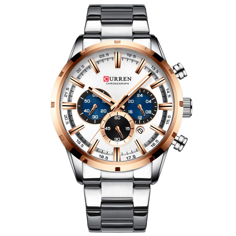 CURREN Herren-Armbanduhr Sport Quarz Chronograph Armbanduhr mit Leuchtzeigern Mode Edelstahl Uhr Datum - silver white