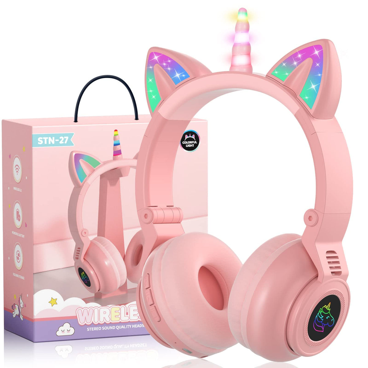 KASTWAVE Unicorn Headphones, Bluetooth Foldable Headphones Stero with Microphone and Volume Control Light Up for PC/Cell Phones/TV/iPad, Boys Girls Kids (pink), Wireless