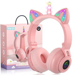 KASTWAVE Unicorn Headphones, Bluetooth Foldable Headphones Stero with Microphone and Volume Control Light Up for PC/Cell Phones/TV/iPad, Boys Girls Kids (pink), Wireless