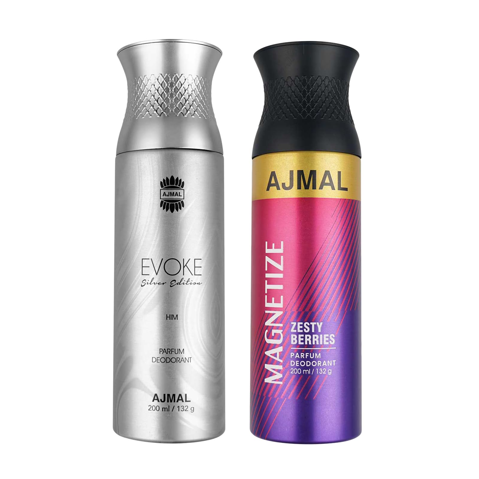 Ajmal Evoke Silver Edition for Him and Magnetize for Men & Women Deodorants + 2 Parfum Testers, Oriental, 400 ml, Pack of 2