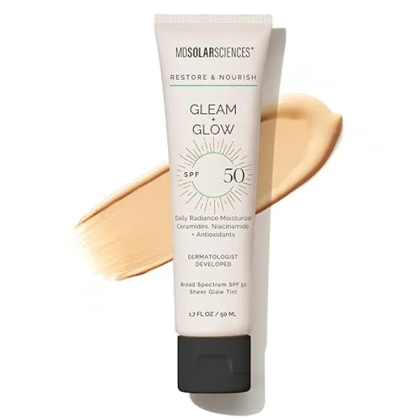 MDSolarSciences Gleam + Glow Sunscreen SPF 50 Sheer Glow Tinted Moisturizer with Broad Spectrum UV Protection Infused with Antioxidants, Ceramides & Vitamin C Safe for Sensitive Skin 1.7 Fl Oz