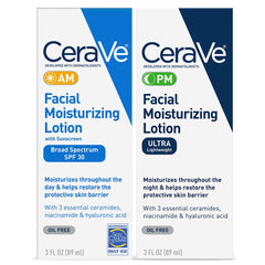 CeraVe Facial Moisturizing Lotion 3 Fl Oz (Pack of 2) AM/PM Bundle (Packaging may vary)