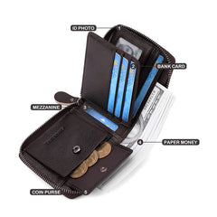CHANPINCL Mens Genuine Leather Zipper Wallet RFID Secure Large Capacity Double Fold Multi-card Leather Wallets for Men and coin purse (Coffee)