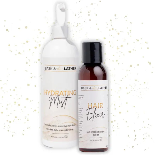 BASK & LATHER Hydrating Hair Mist (XL-16 oz) & Elixir Oil (4 oz) Bundle — Leave-In Conditioner + Jamaican Black Castor Oil for Growth, Moisture, Detangling, Scalp Relief & Strength