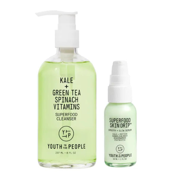 Youth To The People Superfood Skin Barrier Essentials, Vegan Skincare Bundle Set for Healthy, Radiant Skin, Kale + Green Tea Face Cleanser (8oz) + Superfood Facial Serum (1oz)