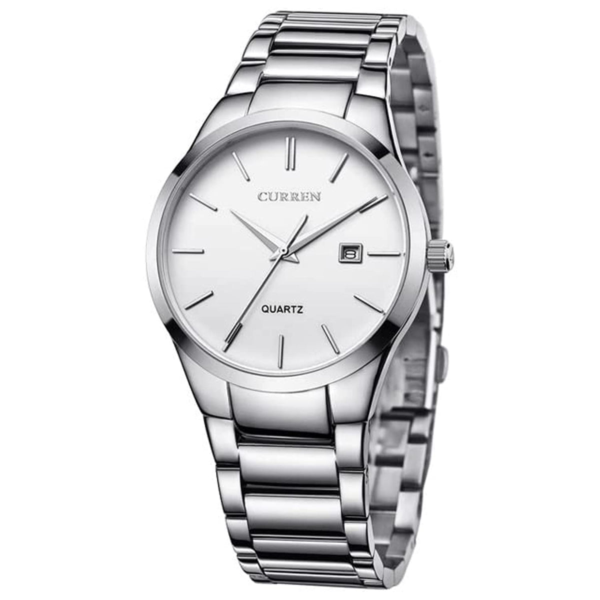 CURREN Men's Analog Watch Stainless Steel Case White Dial Date Window Stainless Steel Bracelet - Silver