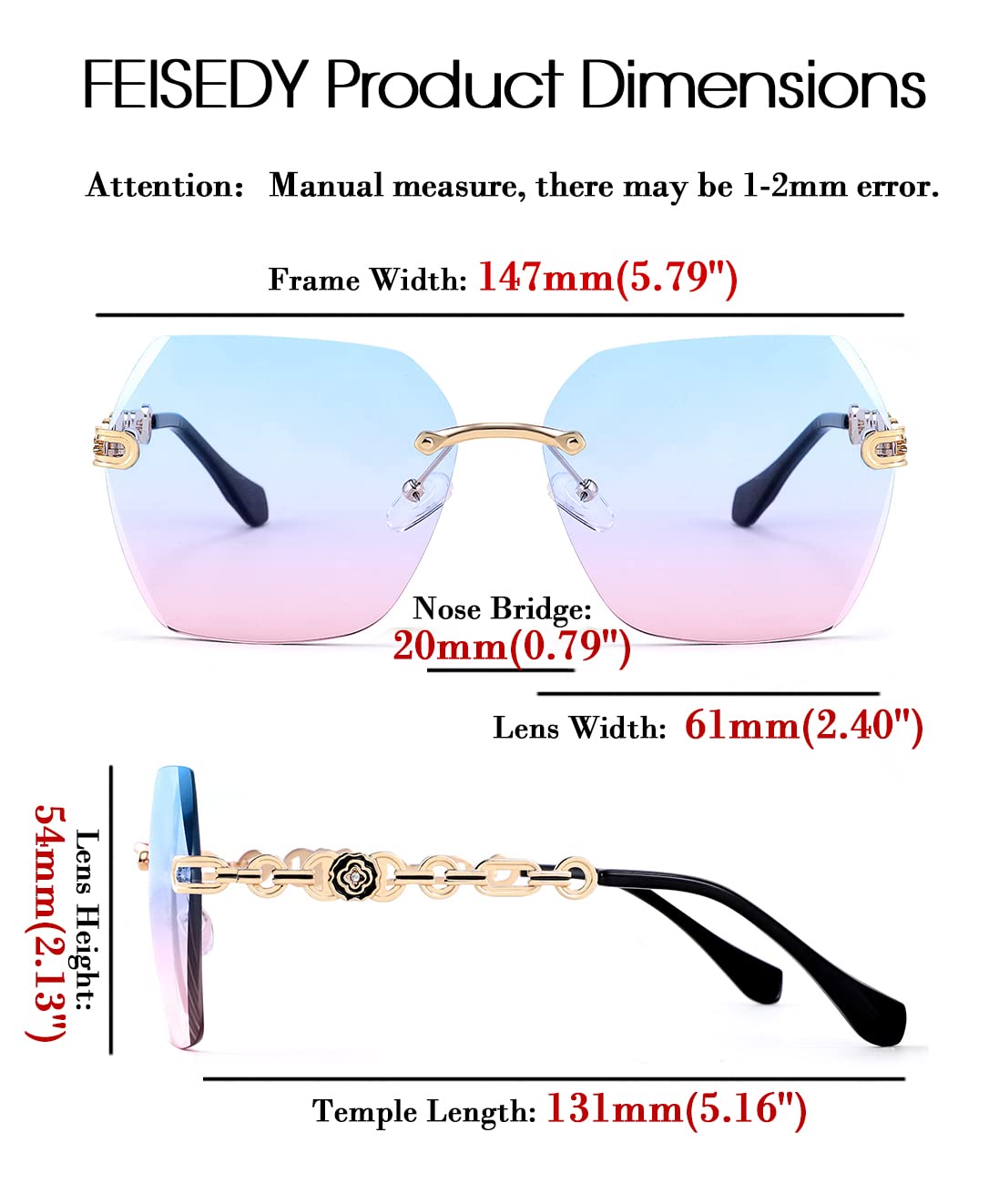 Rimless Sunglasses for Women Metal Square Frame Classic Diamond Grandient lens Eyewear UV Protection Fashion Shades for Women B2567